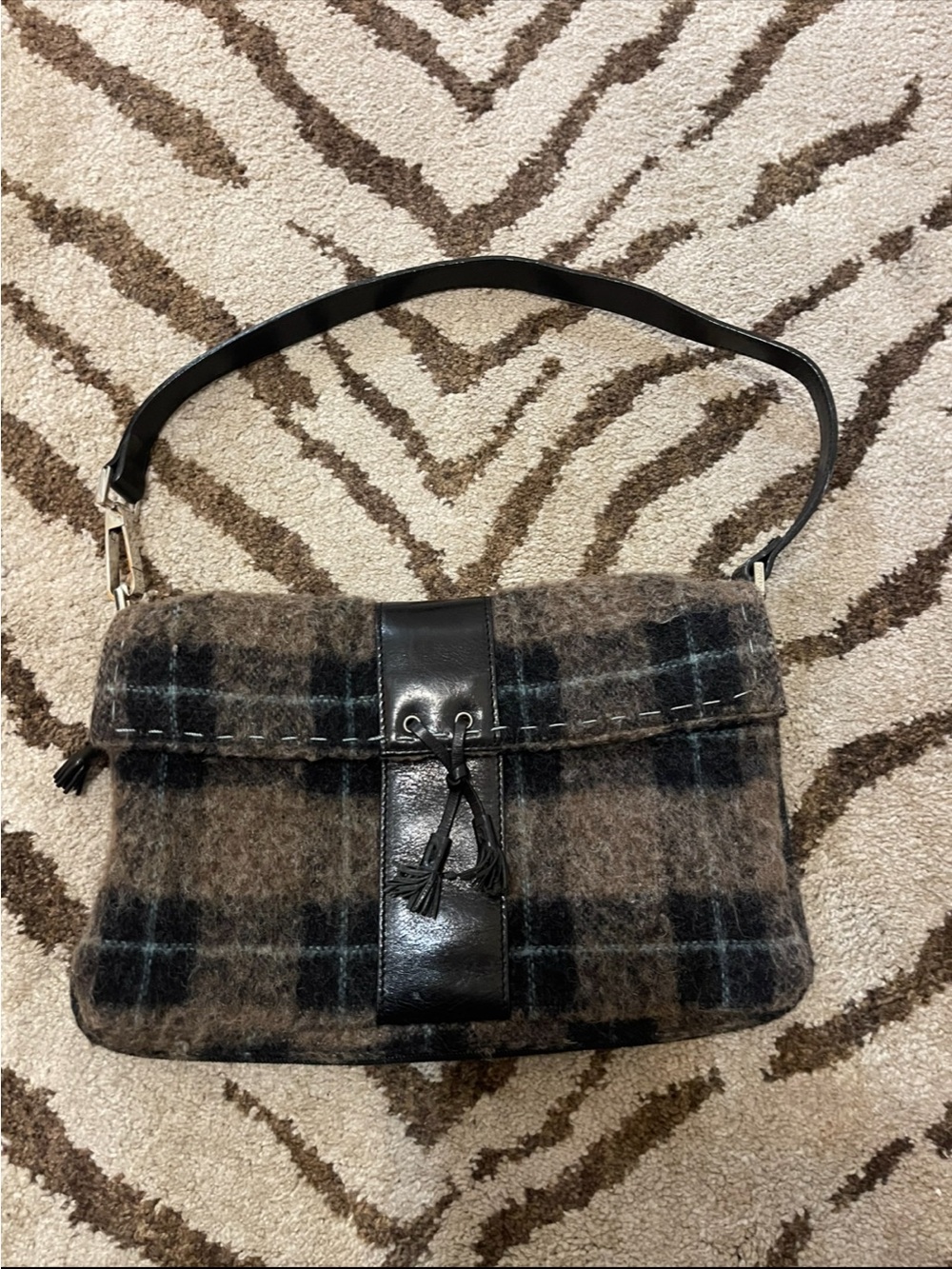 Plaid Wool Shoulder Bag with Black Leather Strap and Tassel